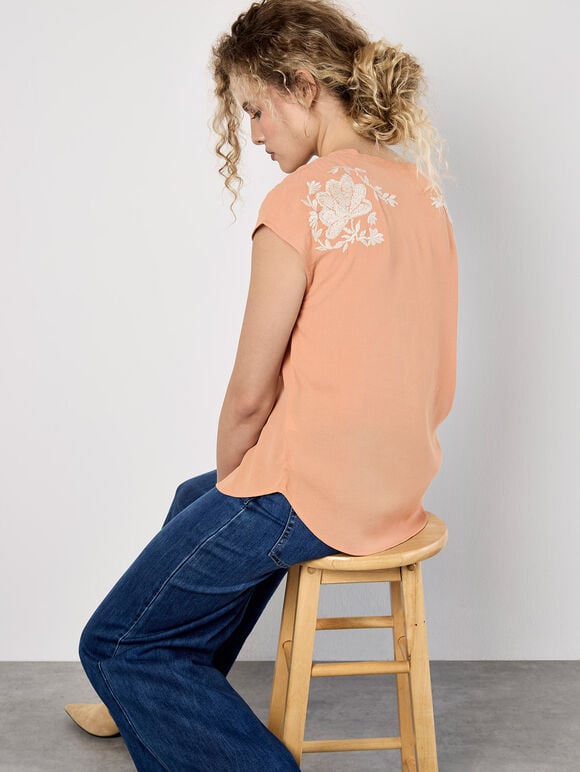 Floral Embroidered Crepe Top, Peach, large