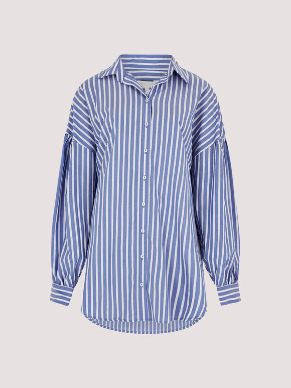 Oversized Stripe Cotton Shirt, Blue, large