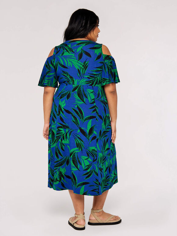 Curve Tropical Palm Midi Dress, Blue, large