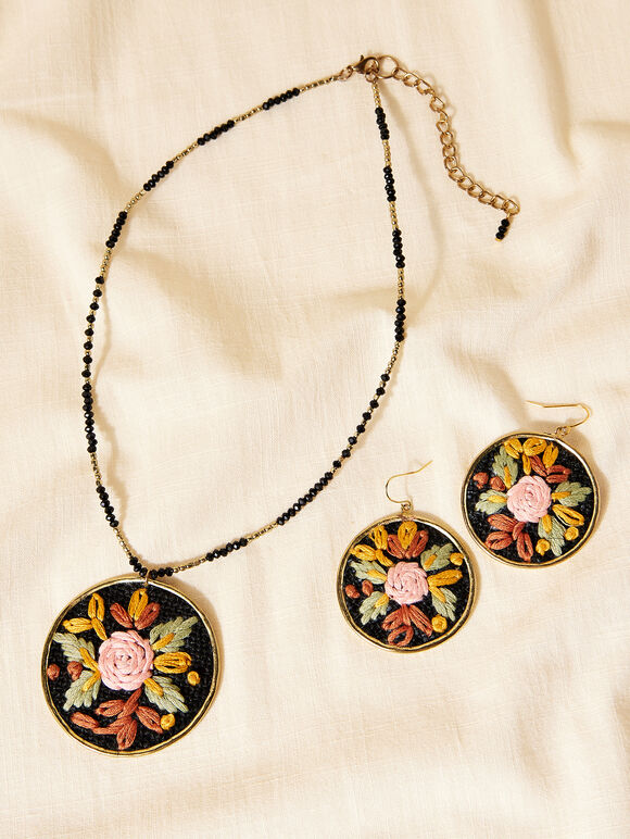 Hand Embroidered Rose Necklace, Black, large