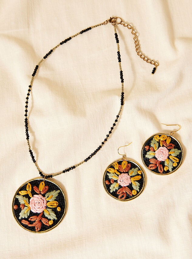 Hand Embroidered Rose Necklace, Black, large