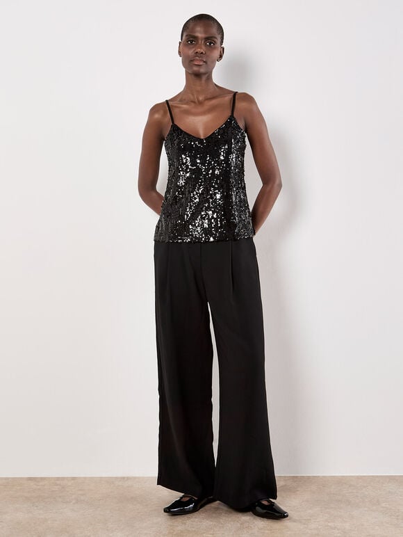 Sequin Embellished Camisole Top, Black, large