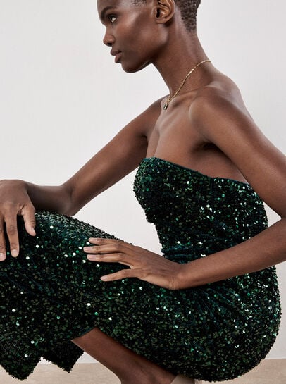 Sequin Bandeau Velvet Bodycon Midi Dress