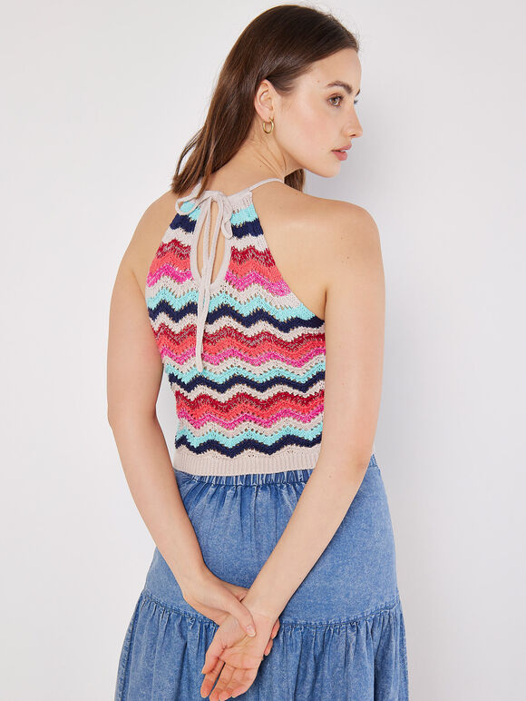 Halter Neck Cotton Crochet Chevron Top, Pink, large