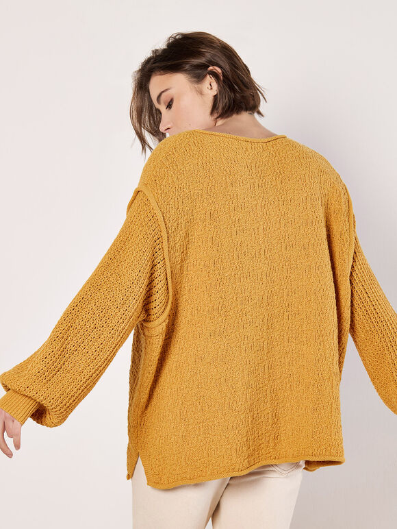 Textured Knit Oversized Jumper, Mustard, large