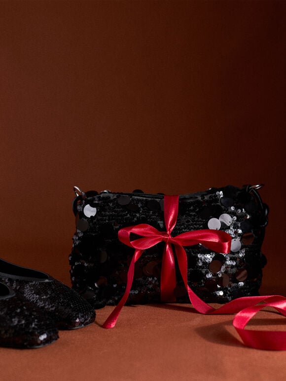 Sequinned Shoulder Bag, Black, large