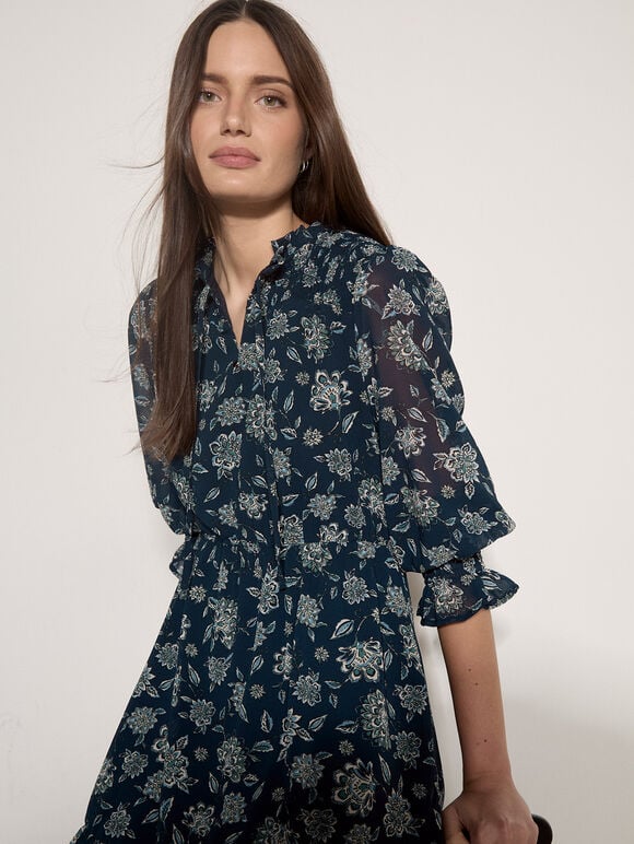 Folk Floral Chiffon Mini Dress, Navy, large
