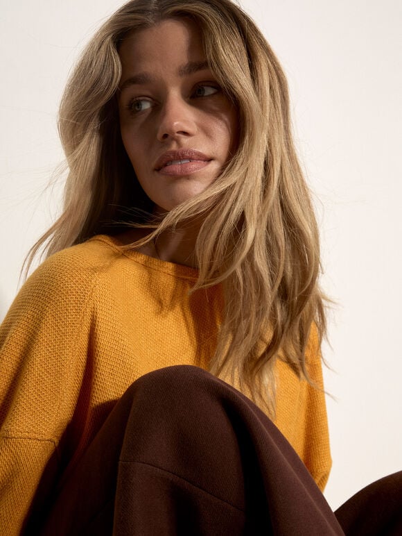 Honeycomb Knit Oversized Top, Mustard, large