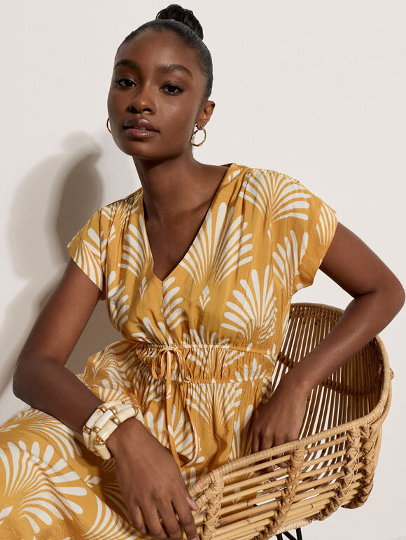 Fan Print Midaxi Dress, Mustard, large