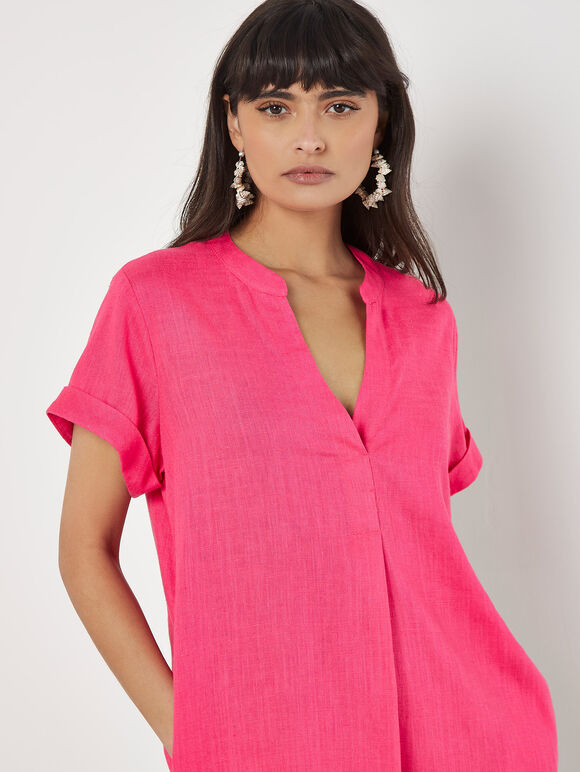 Linen Blend Relaxed Mini Dress, Fuchsia, large