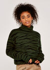 Zebra Drawstring Roll Neck Jumper, Green, large