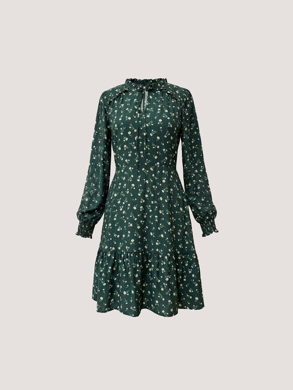 Ditsy Floral Mini Skater Dress, Green, large