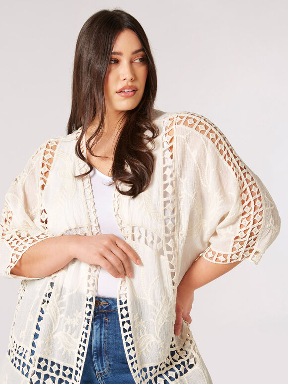 Curve Embroidered Longline Kimono, Stone, large