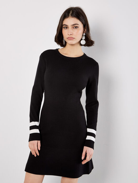 Stripe Cuff Fit And Flare Knit Mini Dress, Black, large