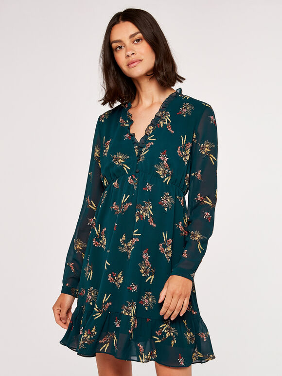 Floral Ruffle Mini Dress, Green, large