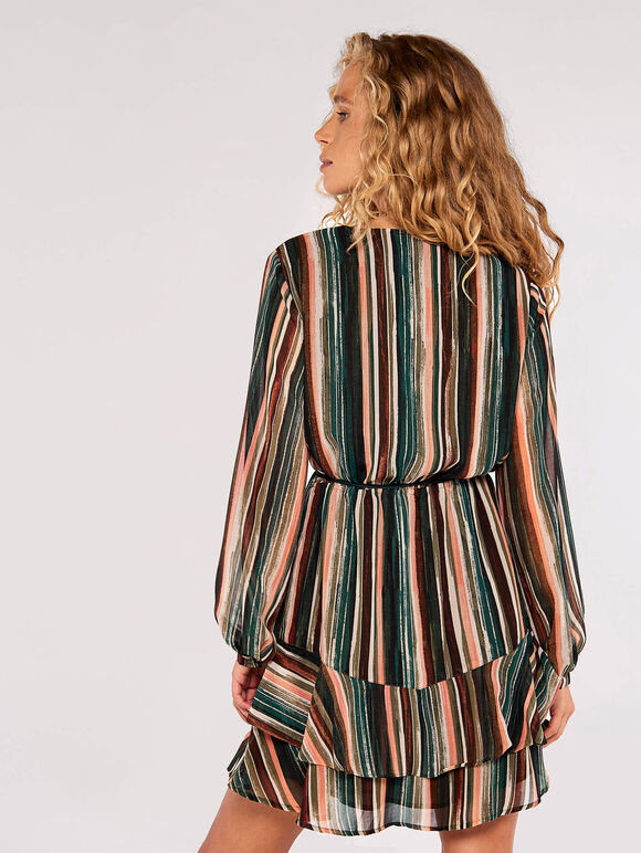 Striped Ruffle Mini Dress, Khaki, large