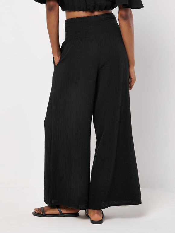 Smocked Waistband Palazzo Trousers, Black, large