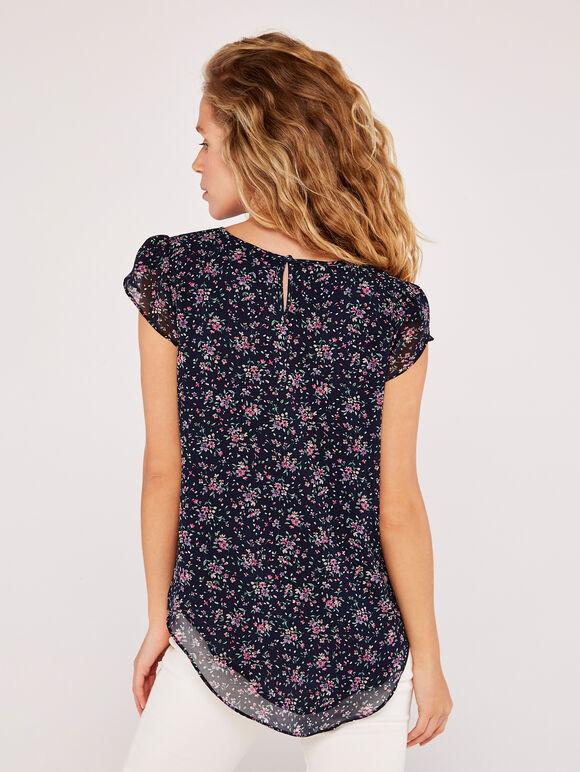 Floral Chiffon Top, Navy, large