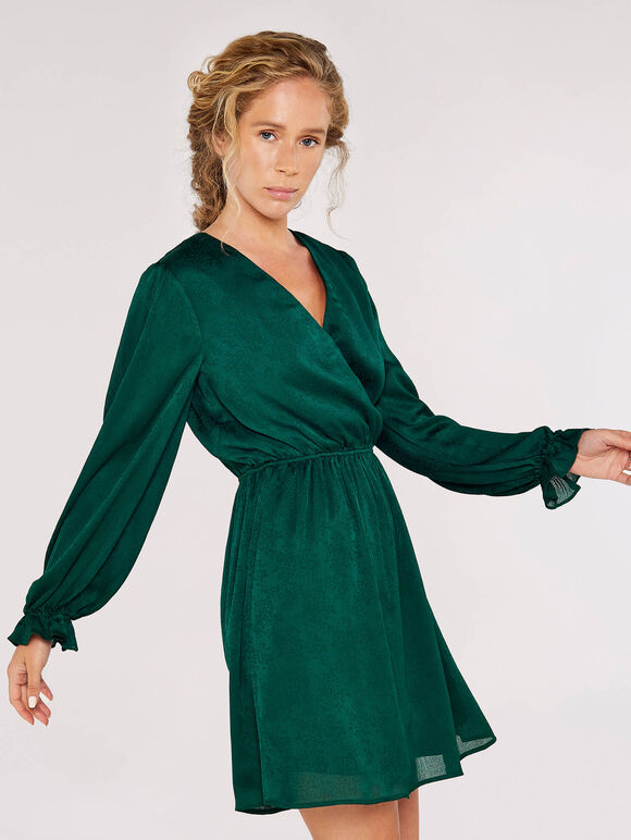 Floral Jacquard Wrap Dress, Green, large