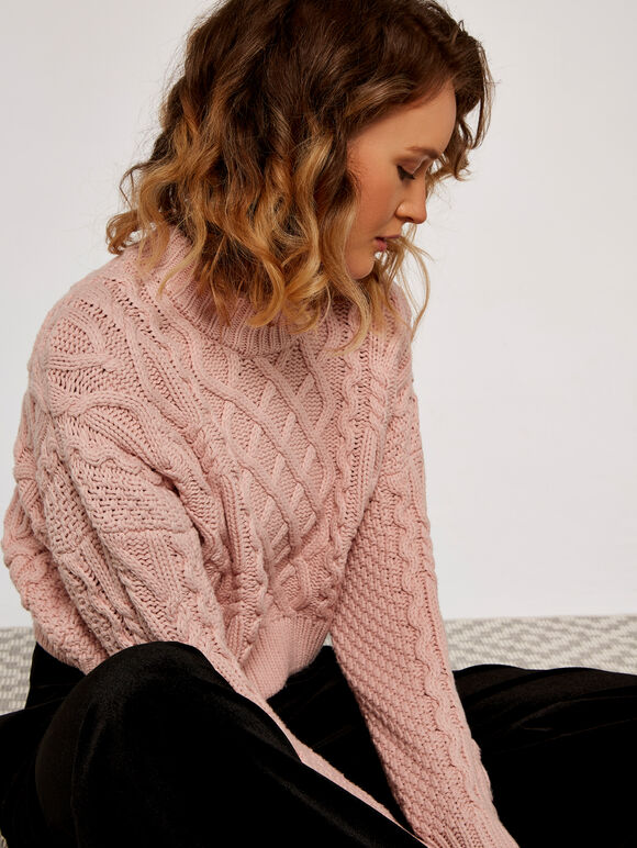 Aran Knit Jumper, Pink, large