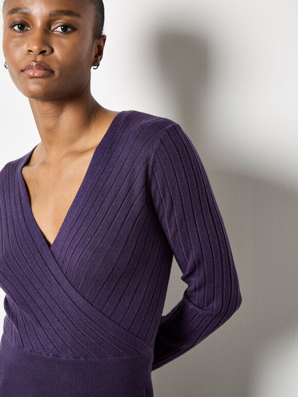 Rib Knit Wrap Top, Purple, large