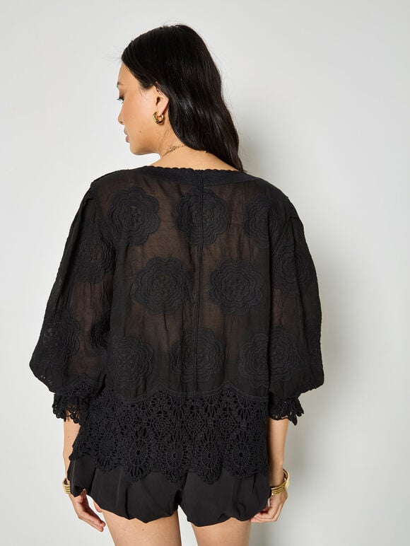 Embroidered Daisies Lace Blouse, Black, large