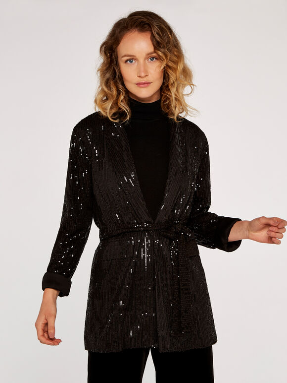 Sequin Belt Blazer, Black, large
