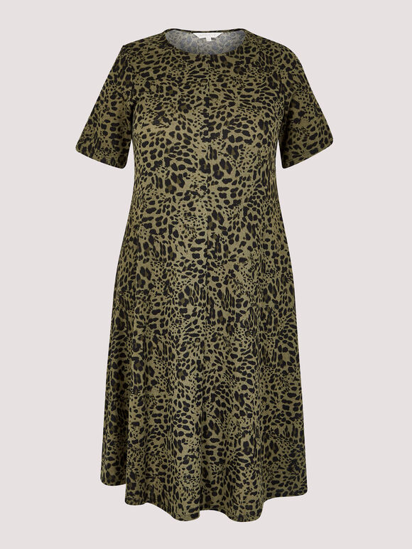 Curve Leopard Print Midi Dress, Khaki, large