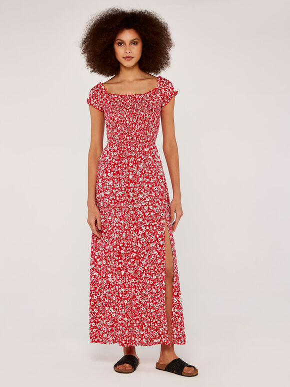 Floral Shirred Split Dress, Red, large