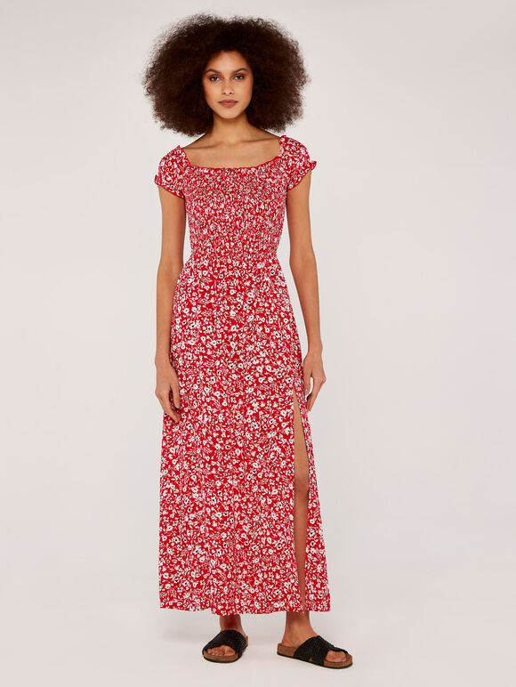 Floral Shirred Split Dress, Red, large