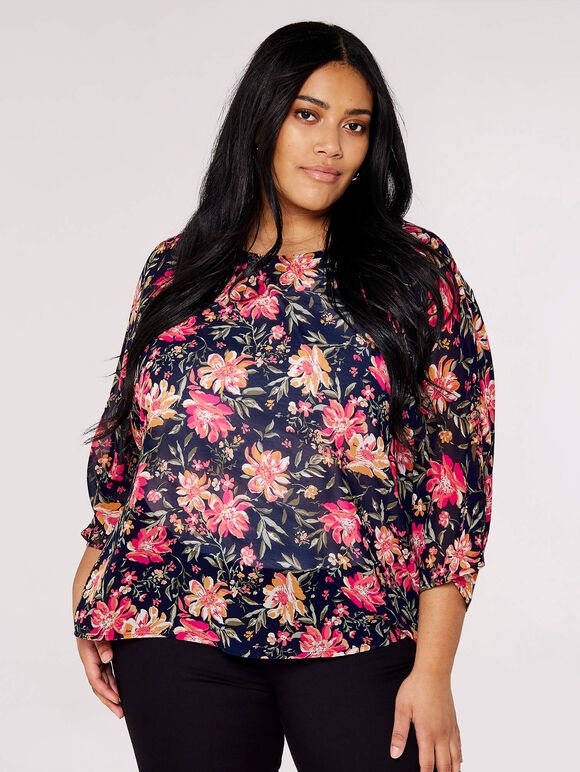 Curve Vintage Floral Top, Navy, large