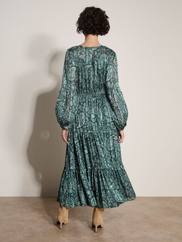 Satin Shimmer Paisley Midi Dress, Green, large
