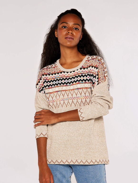 Fairisle Edge Jumper, Stone, large