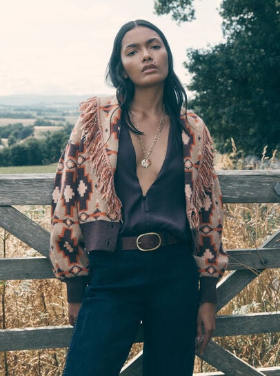 Soft Boho Geo Fringe Cardigan