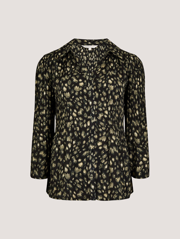 Abstract Animal Chiffon Plisse Shirt, Black, large