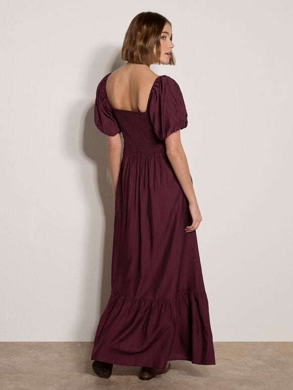 Smocked Shimmer Maxi Dress, Burgundy, large