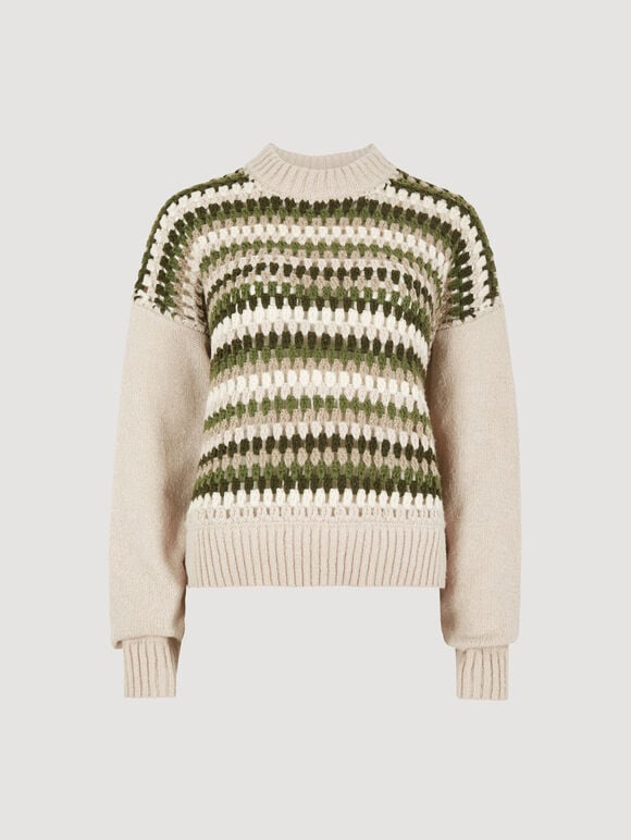 Crochet Stripes Panel Jumper, Stone, large
