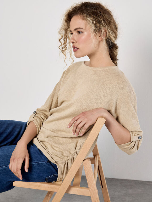 Cotton Blend Ruched Side Jumper, Stone, large