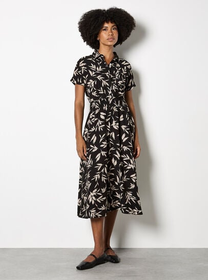 Textured Leaf Shirt Midi Dress