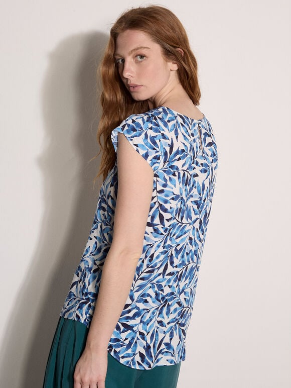 Leaf Print Tulip Sleeve Top, Blue, large