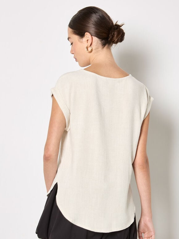 Crochet Pocket Linen Blend T-Shirt, Stone, large