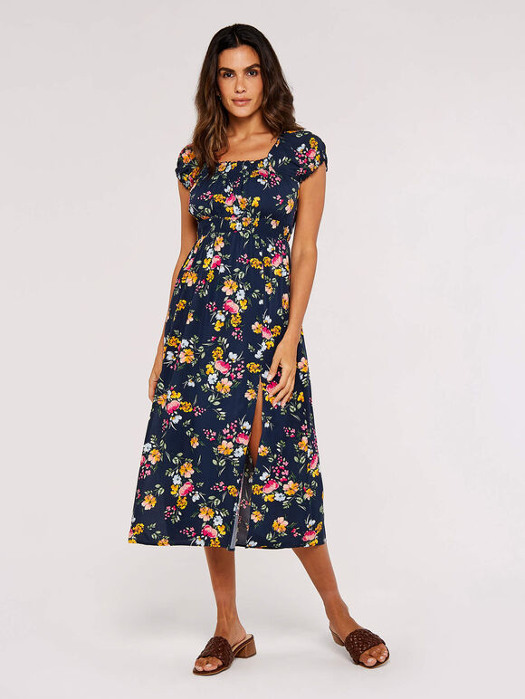 Floral Milkmaid Midi Dress, Navy, large
