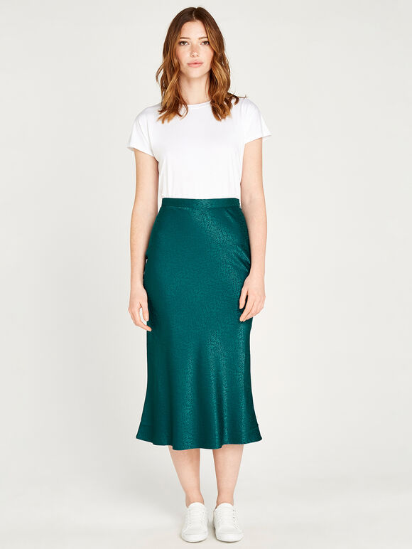 Bias Cut Satin Midi Skirt, Green, large