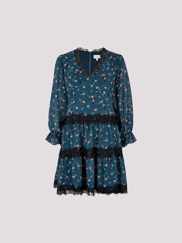 Vintage Floral Lace Tiered Mini Dress, Teal, large