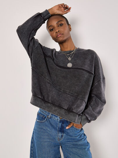 Waffle Panel Washed Cotton Sweatshirt