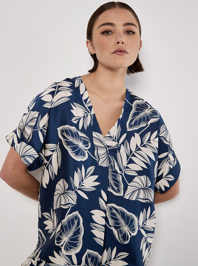 Tropical Leaf Print Satin T-Shirt, Navy, large
