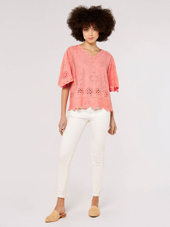 Embroidered Cotton Top, Pink, large