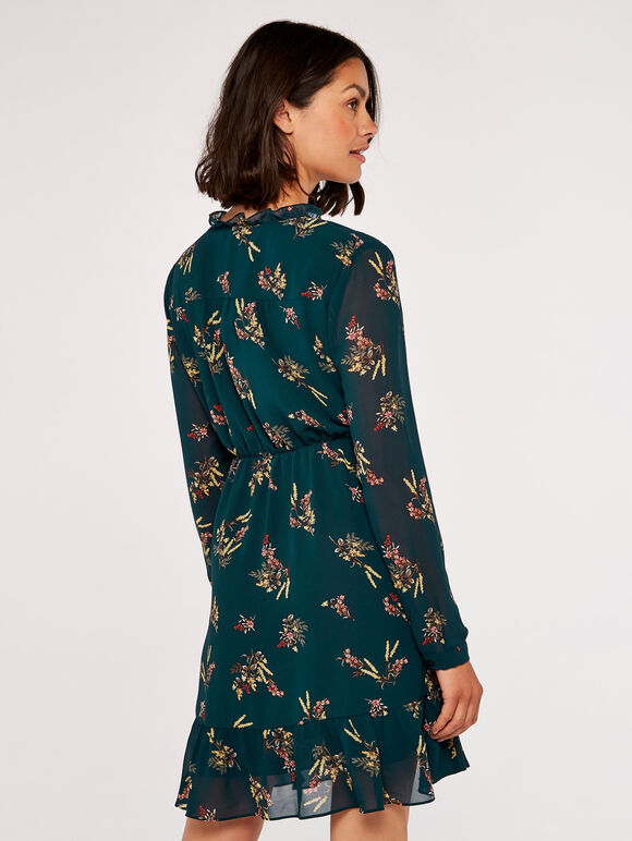 Floral Ruffle Mini Dress, Green, large