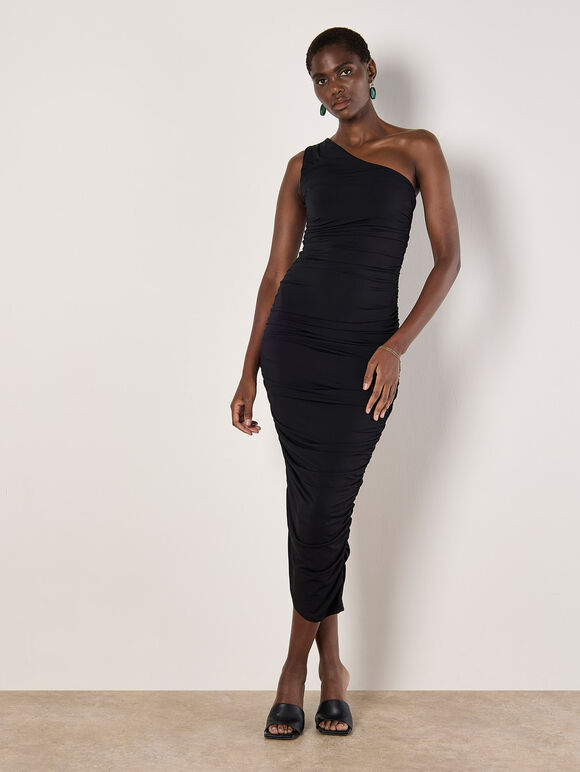 One Shoulder Ruched Maxi Dress, Black, large