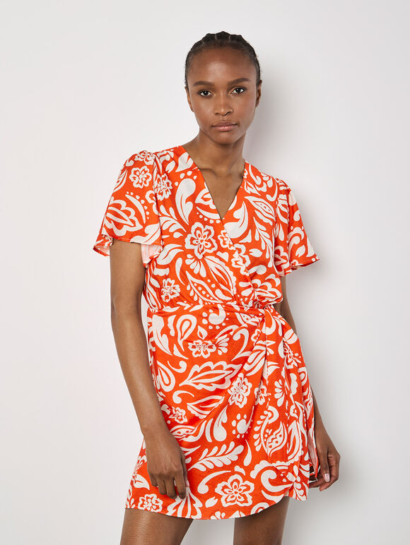 Floral Paisley Wrap Mini Dress, Orange, large